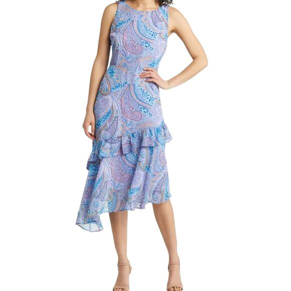 NEW SAM EDELMAN Boho Ruffle Midi Dress 10 Frilly Coquette Event Purple Pink Blue - Picture 9 of 10